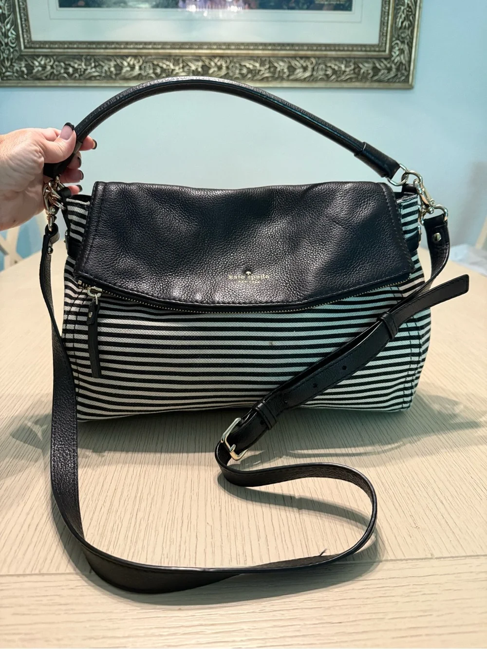 kate spade Blue and White Striped Leather-Trim Shoulder Bag